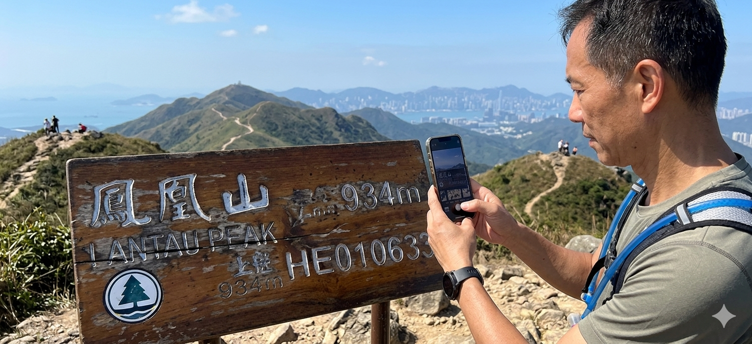 用戶在鳳凰山山頂對著路牌拍照打卡示範